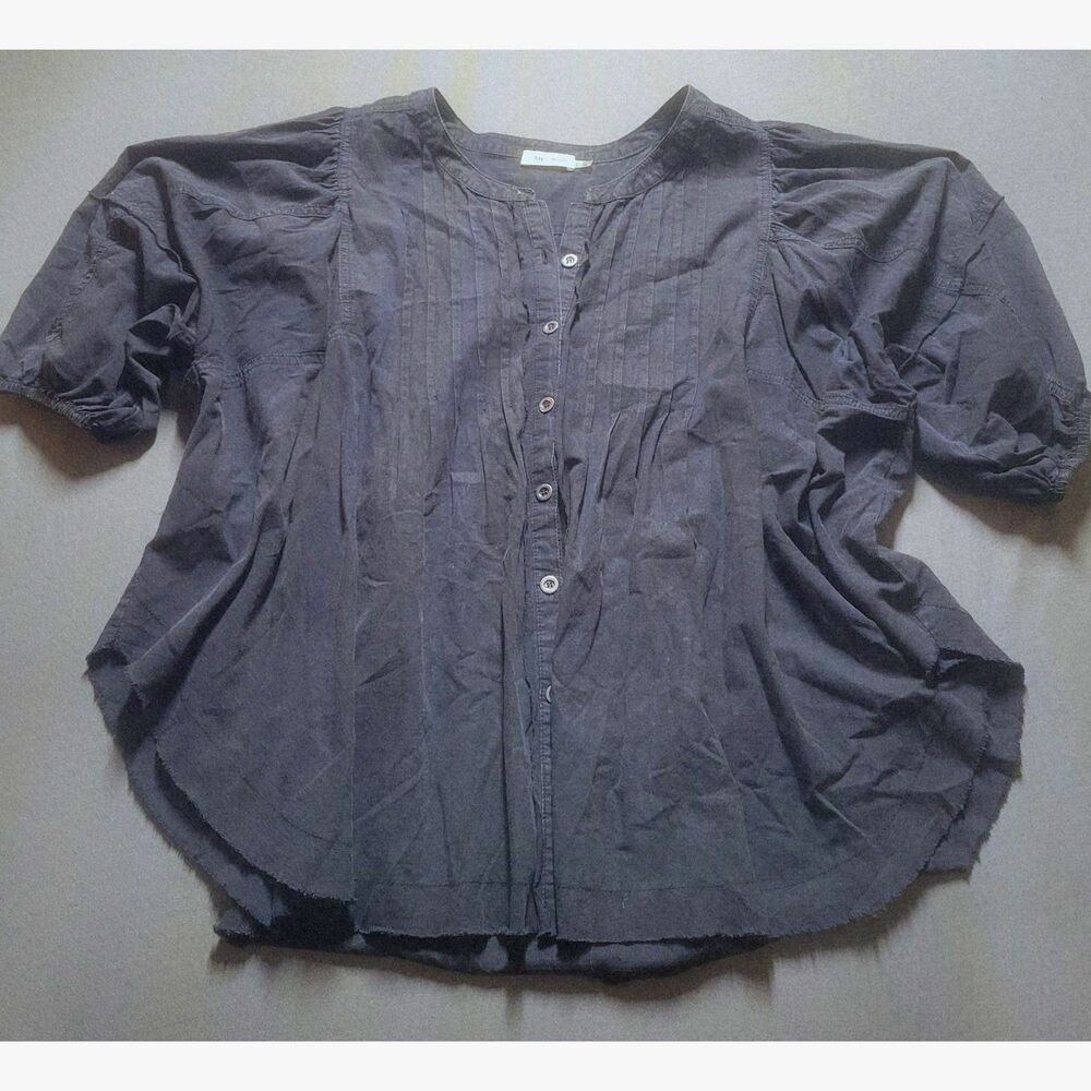 day + moon Dark Gray Pintuck Button Front Boho Blouse Raw Hem Large
